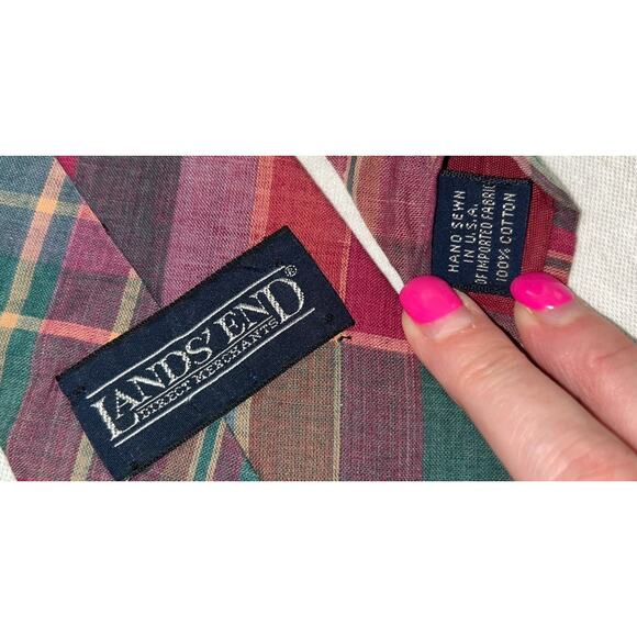 Lands' End Men's 100% Cotton Tie Pink Purple Green Plaid Made‎ in USA - Picture 7 of 7